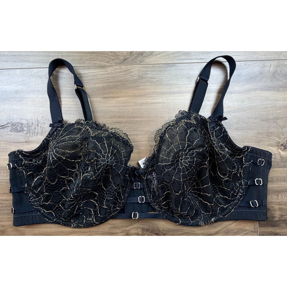 Cacique Black Gold Lace Unlined Bra 44DD Underwire Sexy Feminine Full Figure
